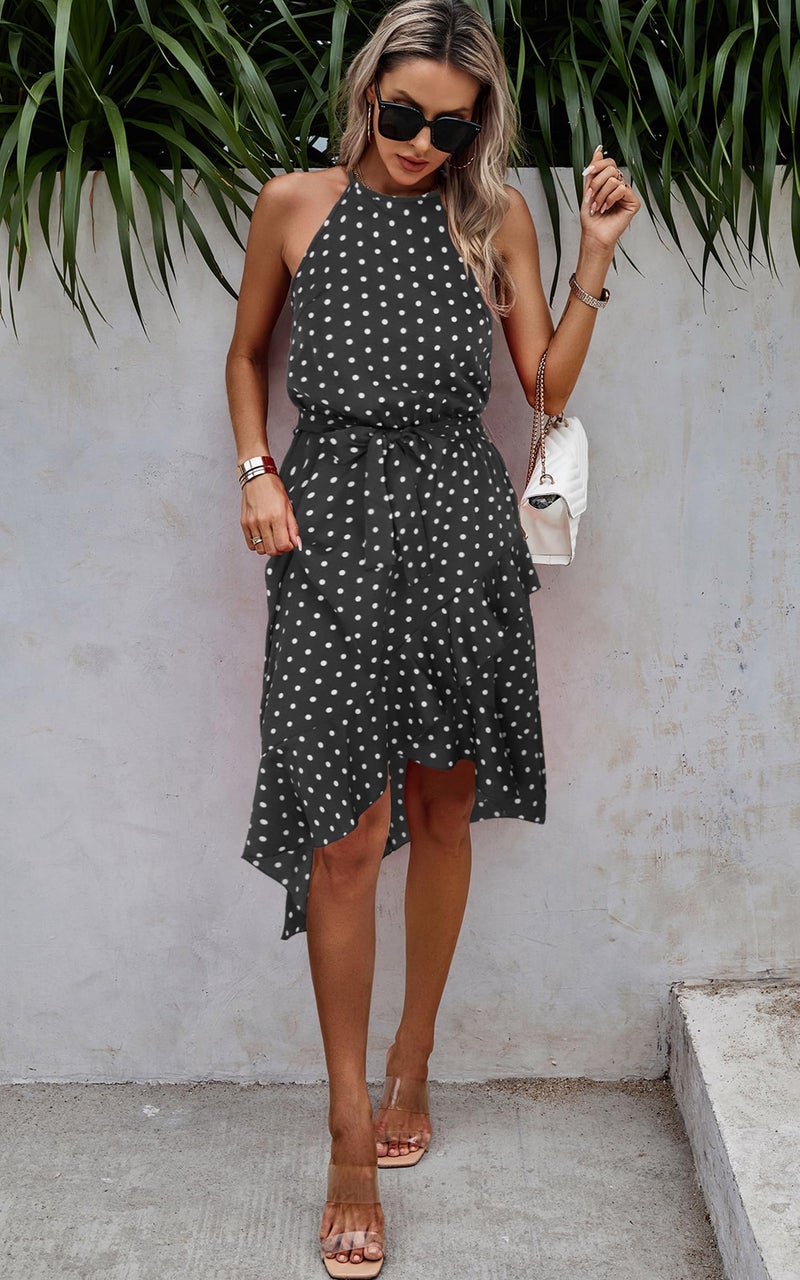 ECOWISH Polka Dot Women Summer Dress Midi A Line Ruffle High Low Sleeveless Boho Floral Halterneck Cocktail Tie Knot Sundress Black Small - Image 4
